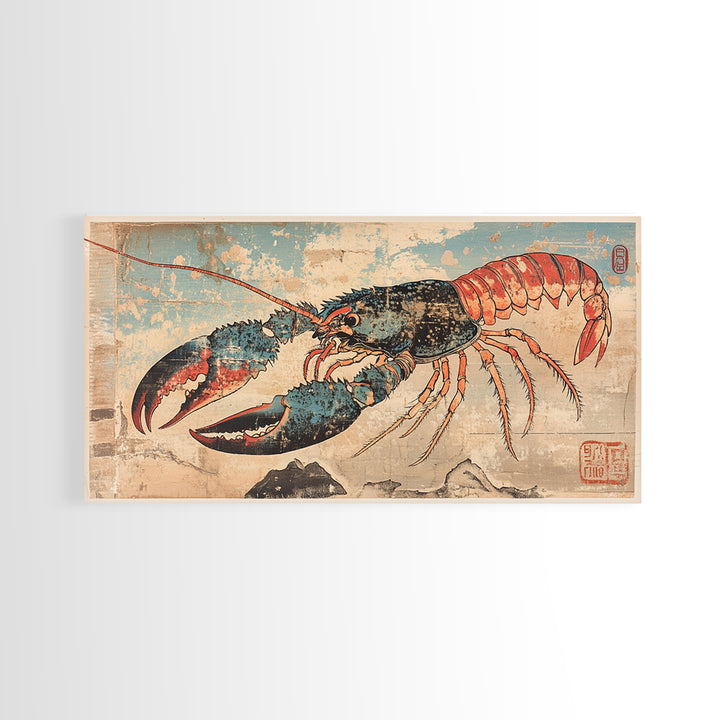 Blue And Coral Lobster With Large Claws Canvas Print, Coastal Kitchen Wall Art, Seafood Art Print, Nautical Home Decor, Beach House Decor