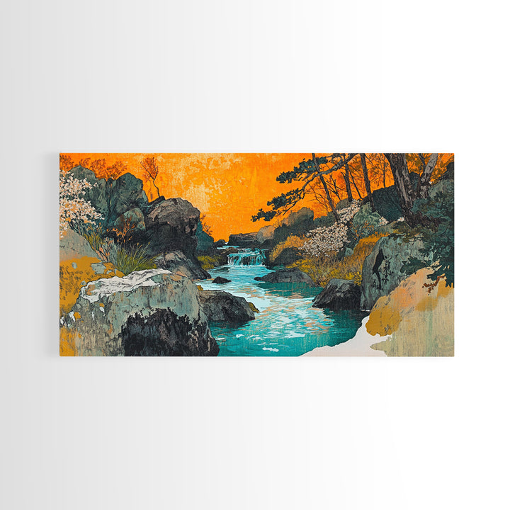 Turquoise River Through Rocky Forest Canyon Wall Art, Japanese Landscape Print, Orange Sunset Decor, Nature Canvas Art, Living Room Decor