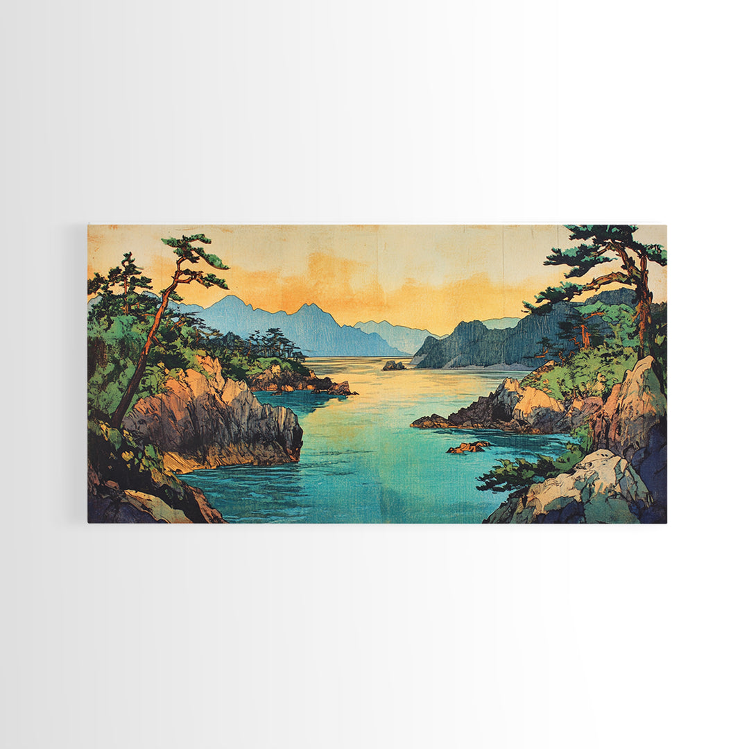 Pine Coastline With Blue Bay And Distant Mountains Wall Art, Japanese Seascape Print, Coastal Home Decor, Large Canvas Art
