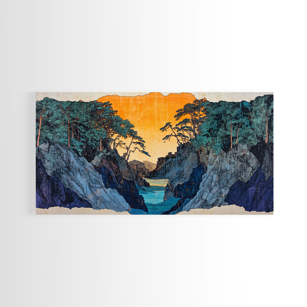 Rocky Blue Canyon River At Orange Sunset Wall Art, Japanese Landscape Print, Moody Nature Decor, Panoramic Canvas Art, Living Room Art