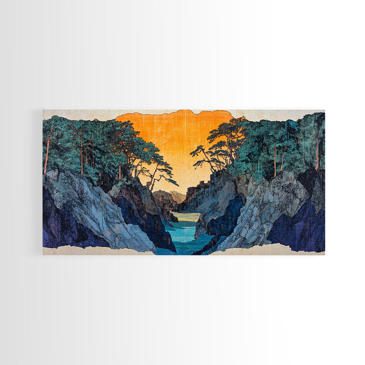 Rocky Blue Canyon River At Orange Sunset Wall Art, Japanese Landscape Print, Moody Nature Decor, Panoramic Canvas Art, Living Room Art