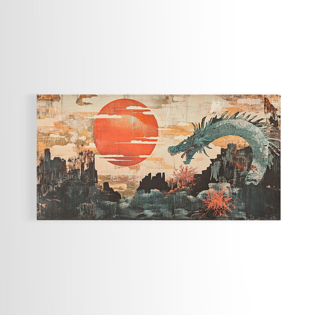 Teal Dragon Over Red Sun Mountains Framed Canvas Print, Asian Fantasy Wall Art, Japanese Decor, Dramatic Living Room Art