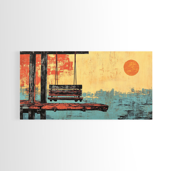 Japanese Dock Swing At Sunset Framed Canvas Print, Serene Ocean Wall Art, Coastal Home Decor, Zen Living Room Print, Bedroom Decor