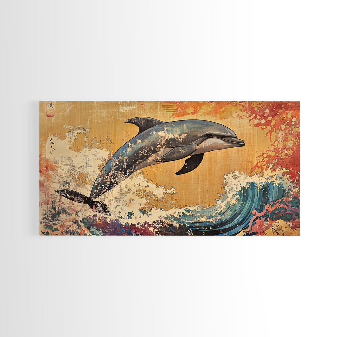 Dolphin Leaping Over Ukiyo E Wave Canvas Print, Japanese Ocean Wall Art, Coastal Nursery Decor, Sea Life Home Decor, Gift For Her