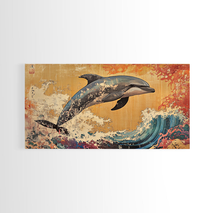 Dolphin Leaping Over Ukiyo E Wave Canvas Print, Japanese Ocean Wall Art, Coastal Nursery Decor, Sea Life Home Decor, Gift For Her