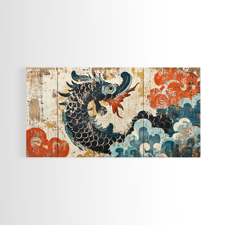 Ukiyo E Sea Dragon With Clouds Framed Canvas Print, Japanese Wall Art, Fantasy Decor, Asian Inspired Living Room Art, Statement Artwork