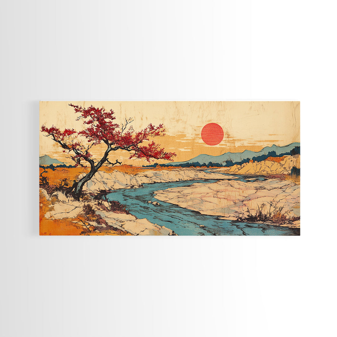 Cherry Tree Desert River Sunset Framed Canvas Print, Japanese Landscape Wall Art, Mountain Wall Decor, Rustic Home Decor