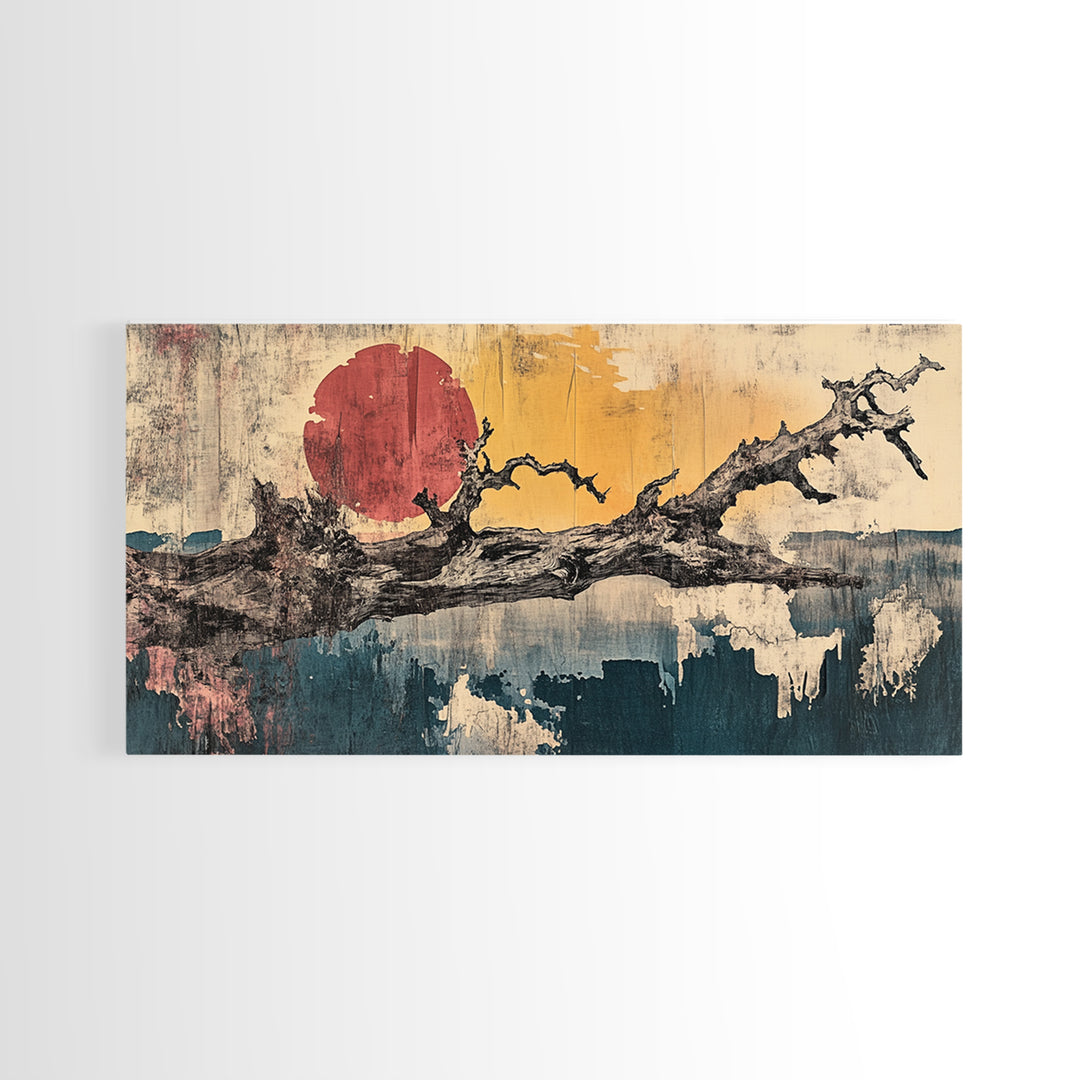 Bare Branch Red Sun Abstract Canvas Print, Japanese Landscape Wall Art, Wabi Sabi Decor, Minimalist Living Room Art, Zen Home Decor