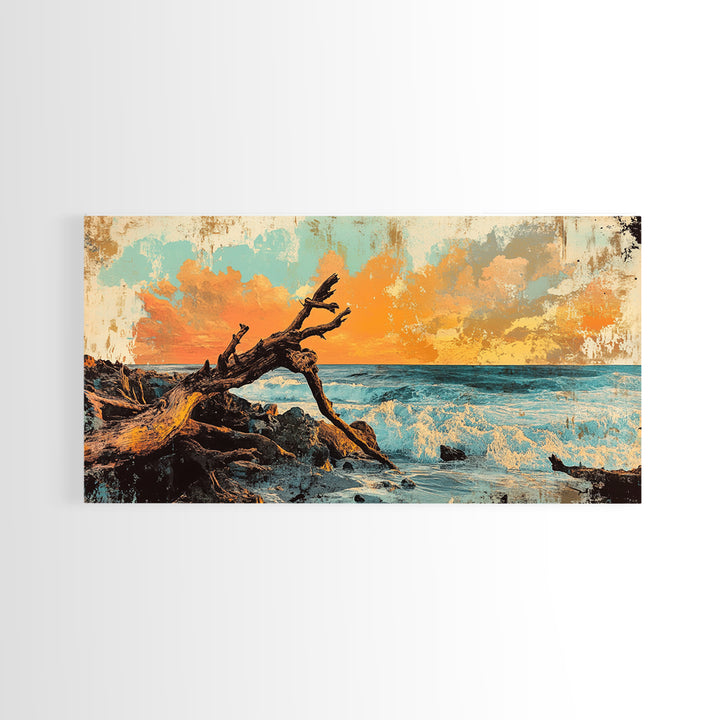 Driftwood Ocean Sunset Seascape Framed Canvas Print, Coastal Wall Art, Beach House Decor, Nautical Living Room Decor, Gift For Her
