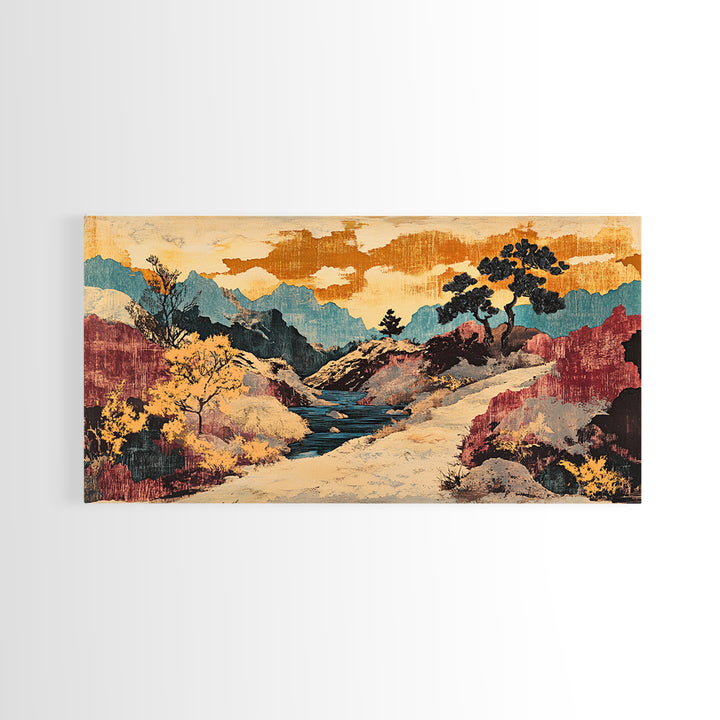 Colorful Canyon River Mountains Framed Canvas Print, Southwest Landscape Wall Art, Rustic Desert Decor, Large Wall Art Print