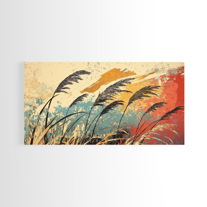 Windblown Reeds In Teal And Rust Wall Art, Japanese Inspired Abstract Landscape, Boho Living Room Decor, Large Canvas Print