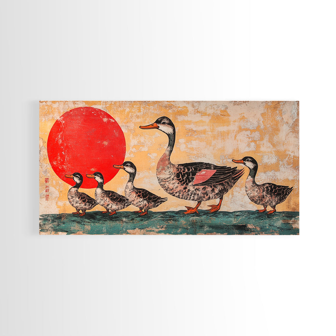 Mallard Duck Family With Red Sun Wall Art, Japanese Bird Art Print, Whimsical Animal Decor, Nursery Or Kitchen Canvas Print
