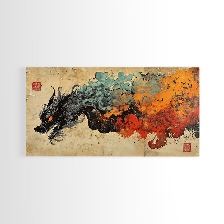 Black Dragon With Fiery Smoke Wall Art, Japanese Fantasy Art Print, Dark Mythical Decor, Dramatic Gaming Room Canvas Print