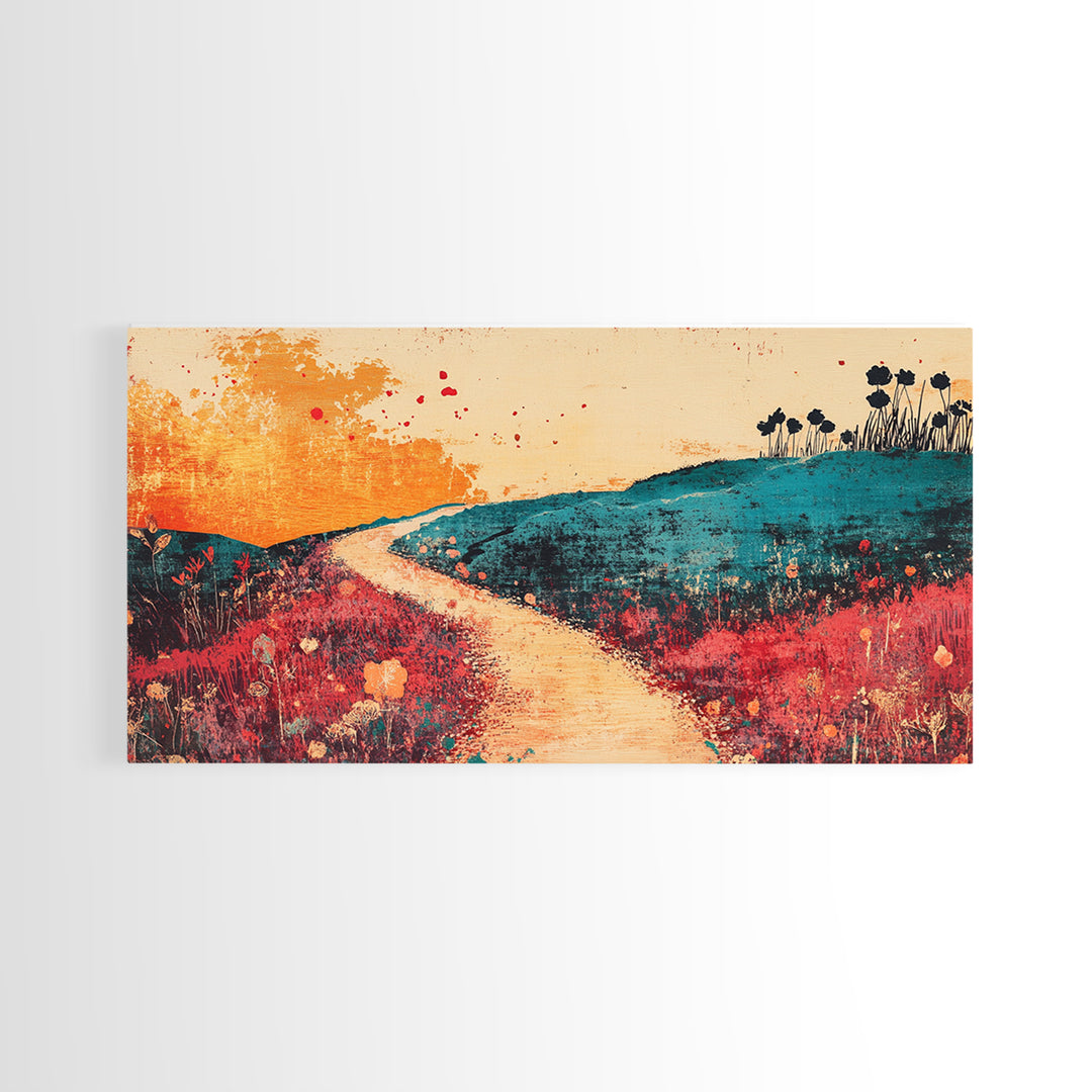 Sunlit Path Through Teal Hills Wall Art, Abstract Landscape Print, Colorful Wildflower Decor, Boho Living Room Canvas Print