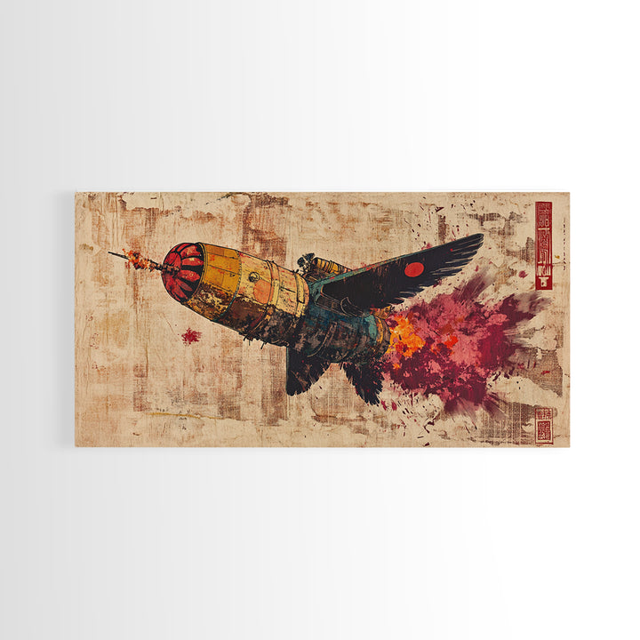 Retro Rocket Bird In Flight Wall Art, Japanese Sci Fi Art Print, Cyberpunk Bird Poster Decor, Futuristic Canvas Print