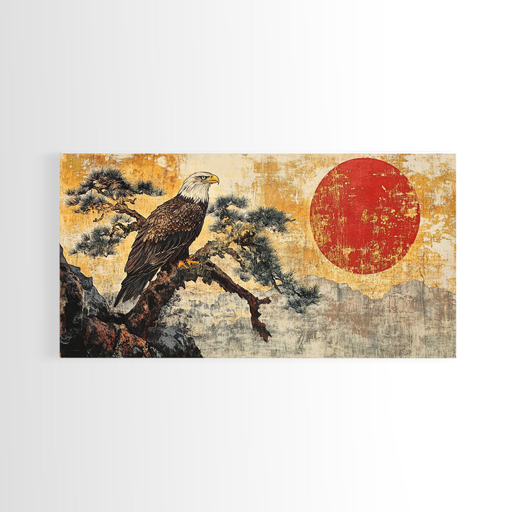 Bald Eagle On Pine Branch Wall Art, Japanese Wildlife Art Print, Rustic Nature Decor, Patriotic Living Room Canvas Print