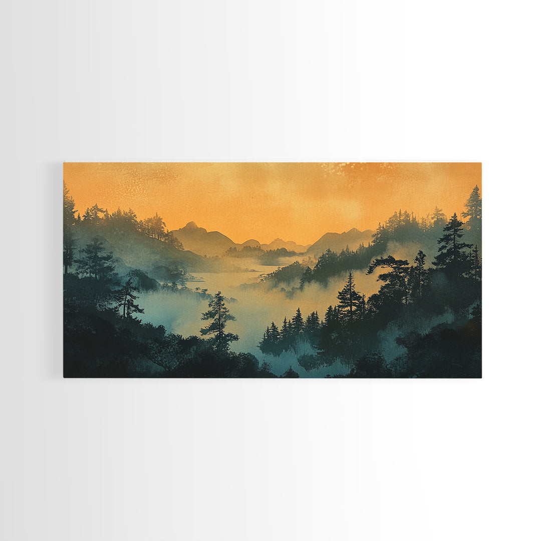 Misty Mountain Forest At Sunrise Wall Art, Japanese Landscape Print, Moody Nature Decor, Serene Bedroom Framed Canvas Print