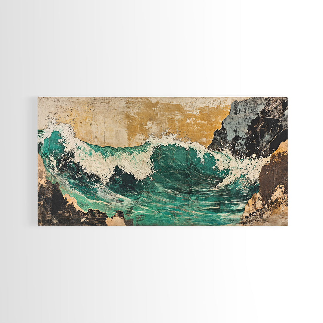 Turquoise Ocean Wave Between Cliffs Wall Art, Japanese Seascape Print, Coastal Beach House Decor, Large Framed Canvas Print