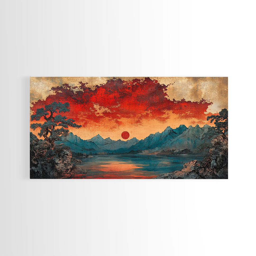 Red Sun Mountain Lake Wall Art, Japanese Landscape Print, Moody Sunset Canvas, Asian Inspired Living Room Home Decor
