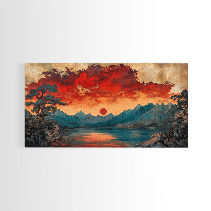Red Sun Mountain Lake Wall Art, Japanese Landscape Print, Moody Sunset Canvas, Asian Inspired Living Room Home Decor
