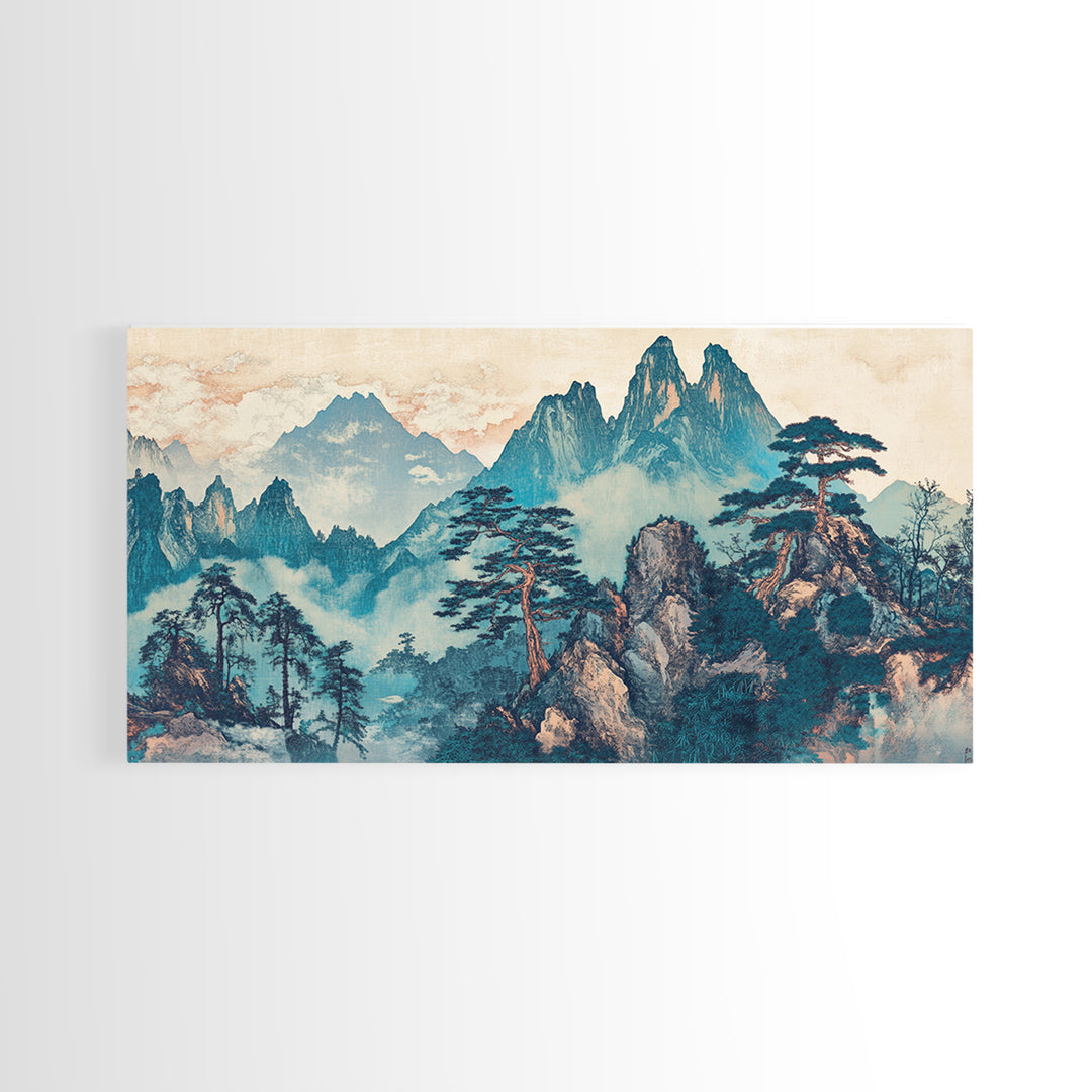 Misty Mountain Pine Wall Art, Japanese Landscape Print, Blue Green Nature Canvas, Zen Living Room Decor Home Decor Office Decor