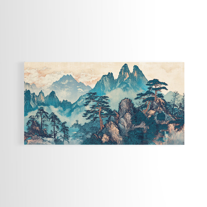Misty Mountain Pine Wall Art, Japanese Landscape Print, Blue Green Nature Canvas, Zen Living Room Decor Home Decor Office Decor