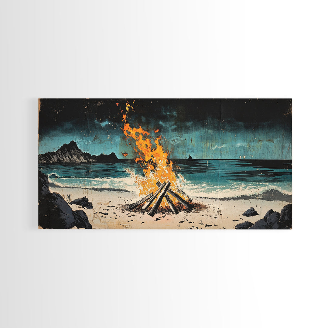 Beach Bonfire Wall Art, Coastal Campfire Canvas Print, Ocean Night Seascape, Rustic Cabin Decor, Man Cave Decor Home Decor Gift