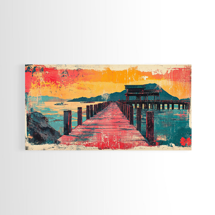 Red Pier Sunset Wall Art, Japanese Coastal Landscape Print, Teal Ocean Canvas, Asian Inspired Home Decor For Living Room