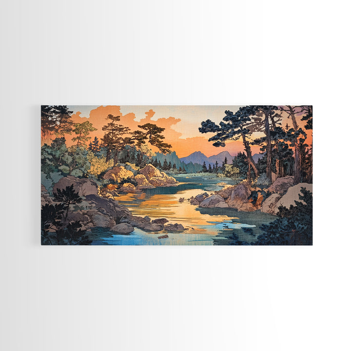 Golden River Forest Wall Art, Japanese Landscape Print, Pine Woodland Canvas, Nature Inspired Living Room Home Decor Gift