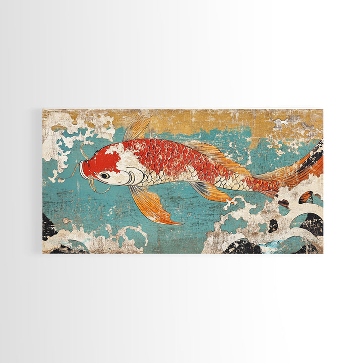 Red Koi Fish In Turquoise Waves Canvas Print, Japanese Wall Art, Coastal Decor, Nautical Home Decor, Large Living Room Art