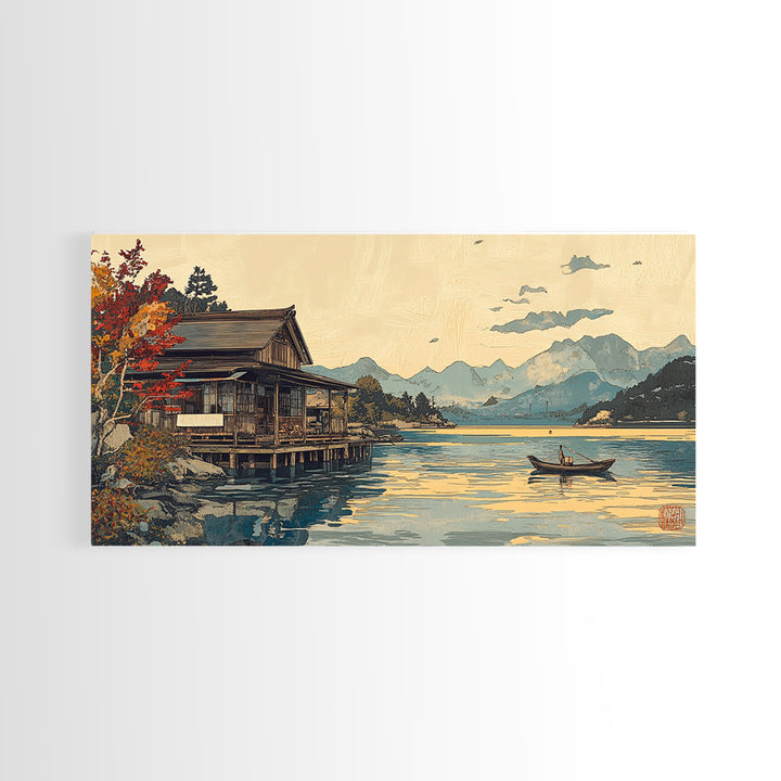 Japanese Lakeside Cabin With Boat Framed Canvas Print, Mountain Landscape Wall Art, Japandi Decor, Serene Living Room Decor