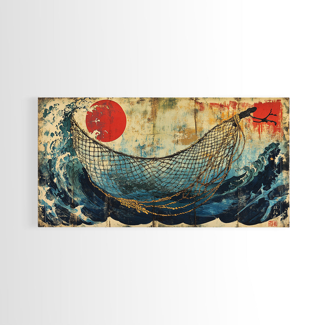Fishing Net Over Stormy Blue Waves Canvas Print, Japanese Seascape Wall Art, Nautical Decor, Coastal Living Room Art