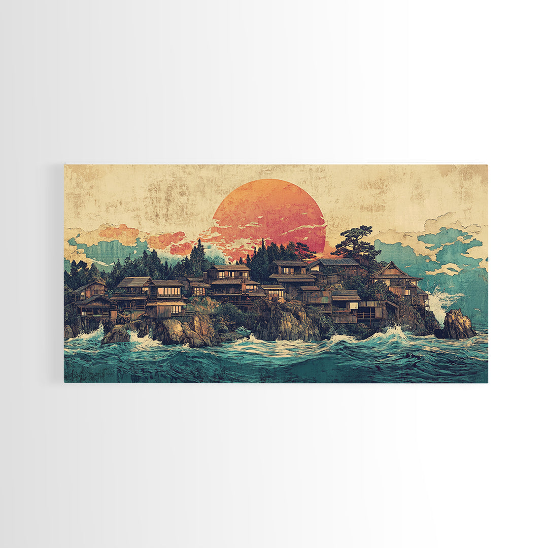 Japanese Coastal Village At Sunset Canvas Print, Ocean Wall Art, Seascape Decor, Japandi Living Room Wall Decor Gift
