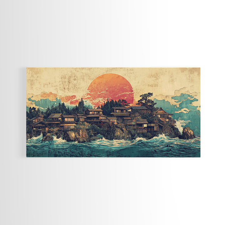 Japanese Coastal Village At Sunset Canvas Print, Ocean Wall Art, Seascape Decor, Japandi Living Room Wall Decor Gift