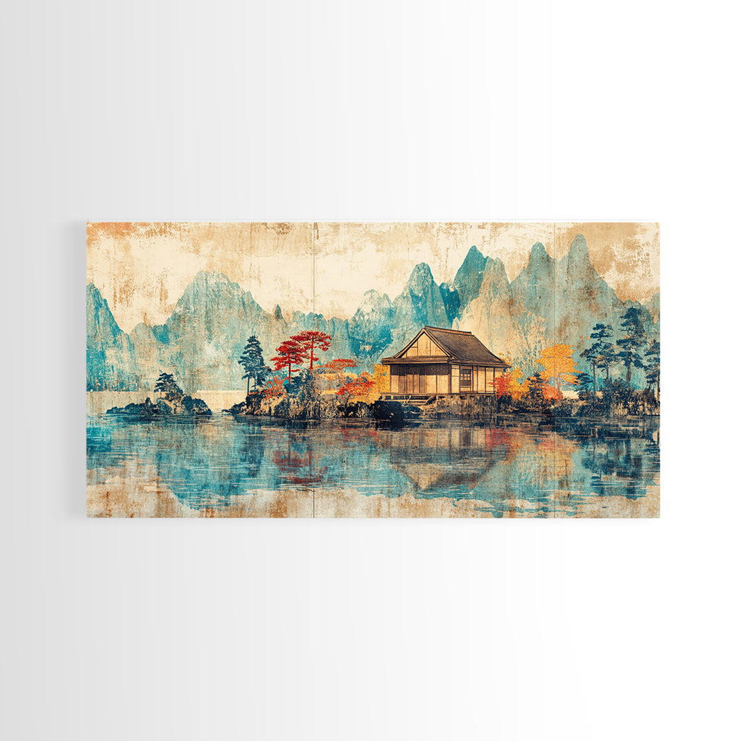 Quiet Lake House With Misty Mountains Framed Canvas Print, Japanese Landscape Wall Art, Japandi Decor, Serene Home Decor