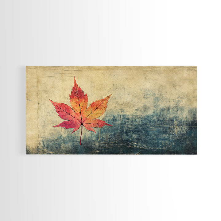 Red Maple Leaf On Textured Blue Background Canvas Print, Japanese Botanical Wall Art, Autumn Decor, Minimalist Nature Print
