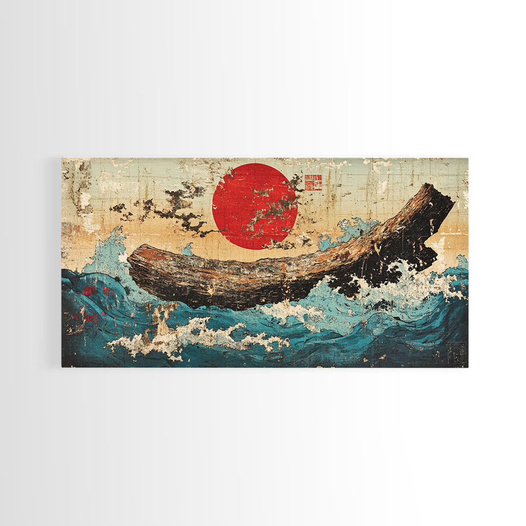 Driftwood Log In Blue Ocean Waves Canvas Print, Japanese Nautical Wall Art, Rustic Coastal Decor, Modern Seascape Art Print