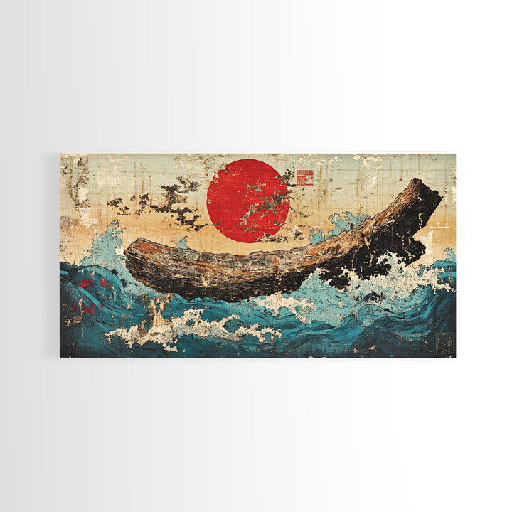 Driftwood Log In Blue Ocean Waves Canvas Print, Japanese Nautical Wall Art, Rustic Coastal Decor, Modern Seascape Art Print