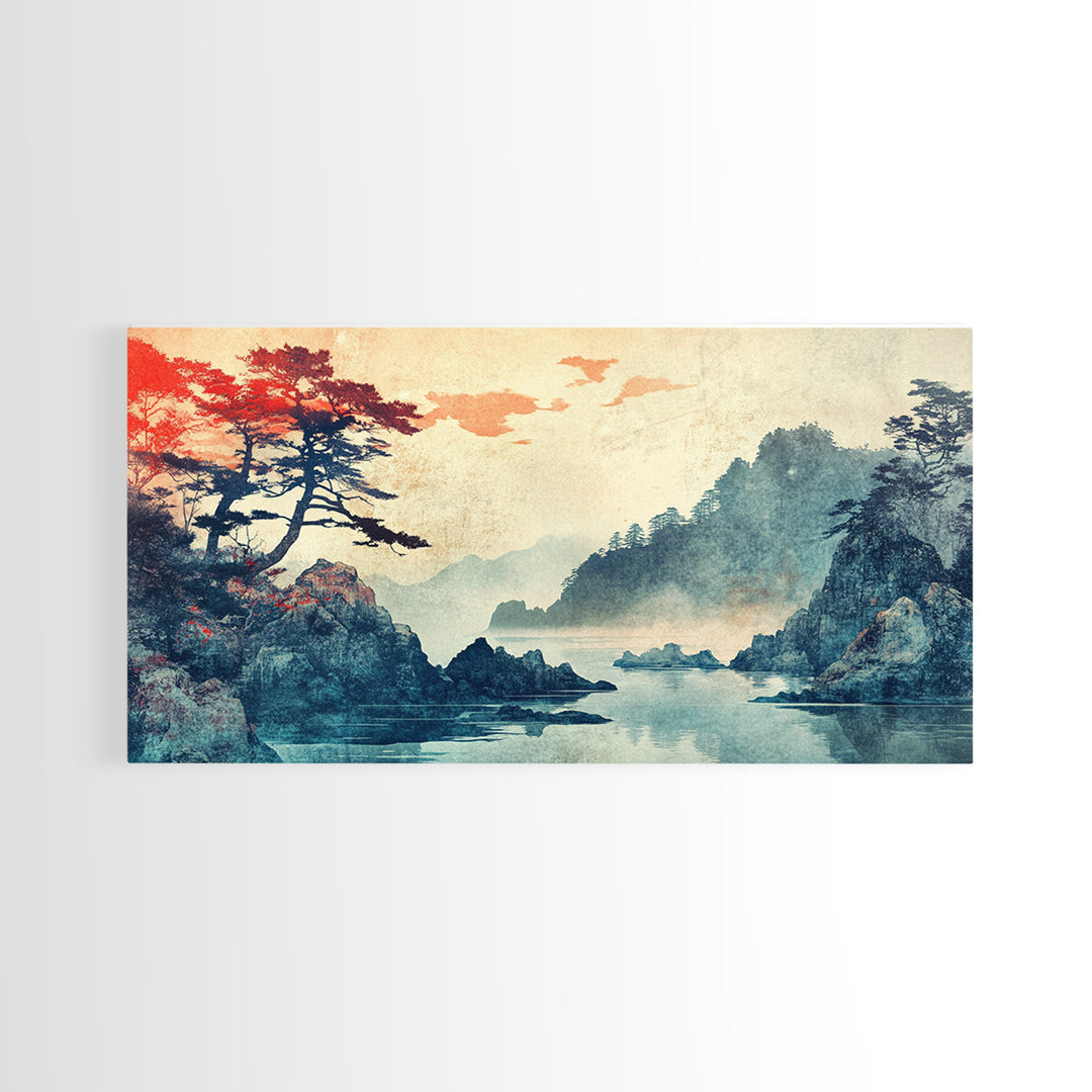 Misty Japanese Cove With Pines Canvas Print, Mountain Lake Landscape Wall Art, Serene Japandi Decor, Large Living Room Art