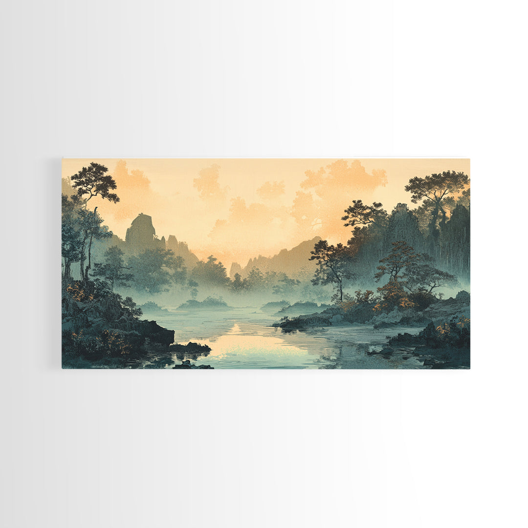 Misty River Valley Sunrise Wall Art, Japanese Landscape Print, Zen Home Decor, Panoramic Canvas For Living Room, Nature Wall Decor Gift