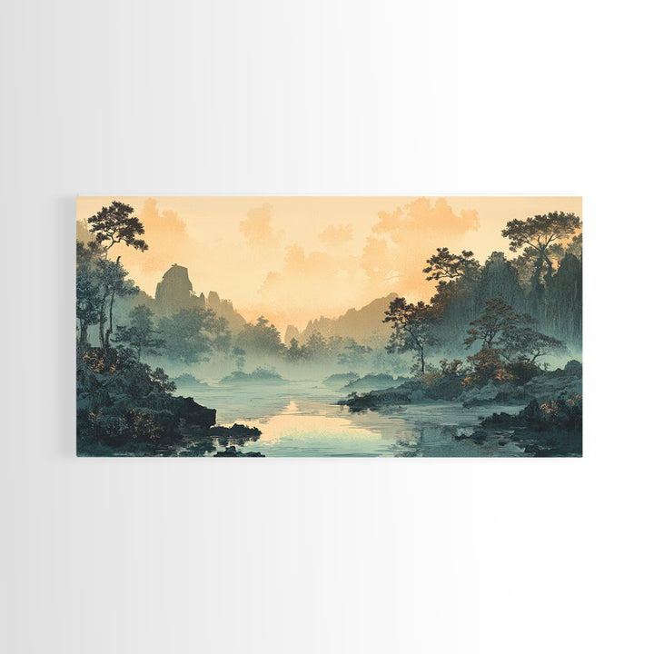 Misty River Valley Sunrise Wall Art, Japanese Landscape Print, Zen Home Decor, Panoramic Canvas For Living Room, Nature Wall Decor Gift