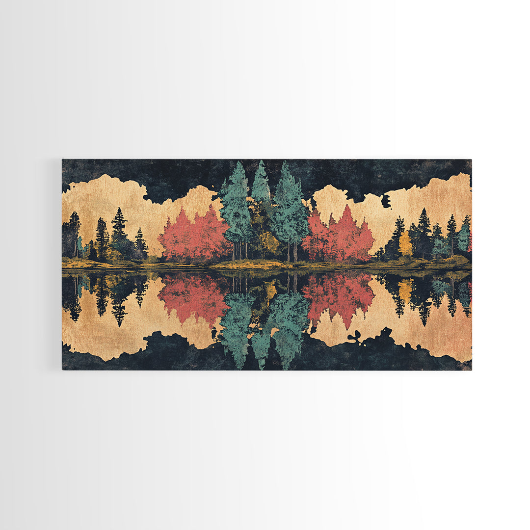 Autumn Forest Lake Reflection Wall Art, Abstract Landscape Print, Panoramic Canvas Decor For Living Room And Cabin, Rustic Home Decor Gift