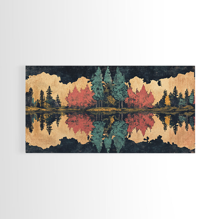Autumn Forest Lake Reflection Wall Art, Abstract Landscape Print, Panoramic Canvas Decor For Living Room And Cabin, Rustic Home Decor Gift