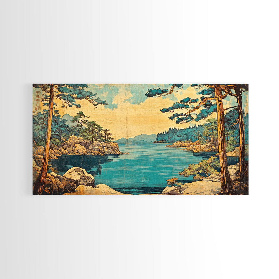 Rocky Pine Coast And Blue Lake Framed Canvas Print, Japanese Landscape Wall Art, Coastal Nature Decor For Living Room, Beach House Gift
