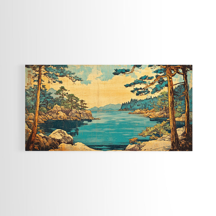 Rocky Pine Coast And Blue Lake Framed Canvas Print, Japanese Landscape Wall Art, Coastal Nature Decor For Living Room, Beach House Gift