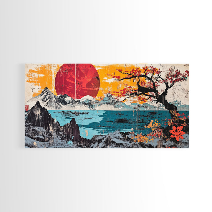 Red Sun Snowy Mountains Wall Art, Japanese Cherry Blossom Seascape Print, Bold Asian Home Decor, Large Canvas For Living Room