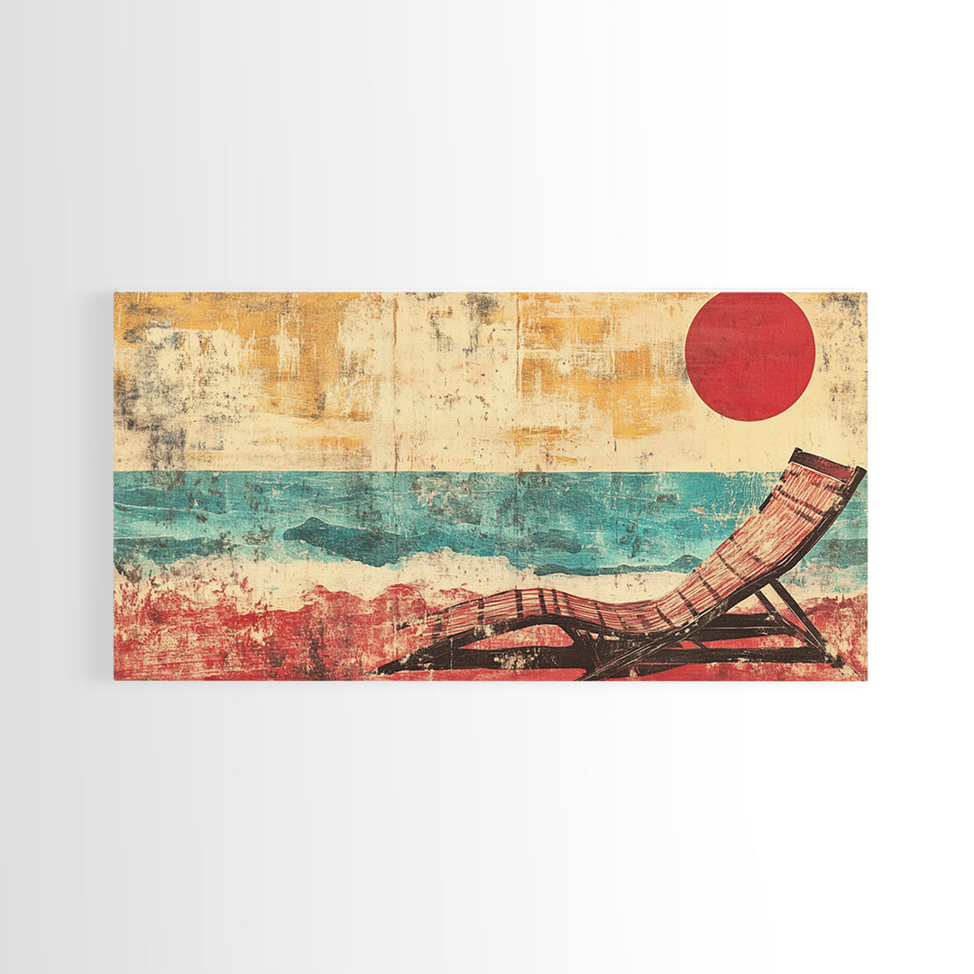 Red Sun Beach Chair Canvas Print, Coastal Wall Art, Ocean Waves Poster, Summer Beach House Decor For Bedroom And Living Room