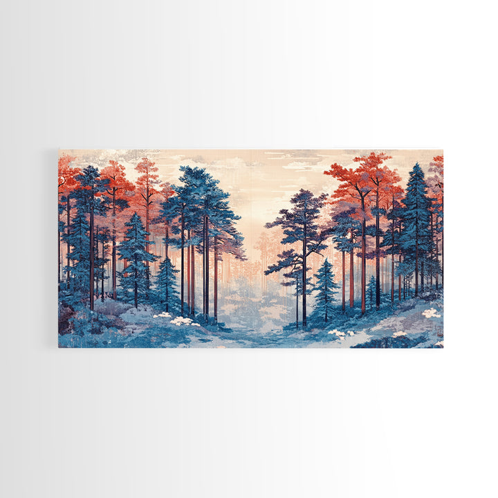 Misty Blue Pine Forest With Coral Autumn Trees Wall Art, Nature Landscape Print, Scandinavian Decor, Cozy Bedroom Wall Decor