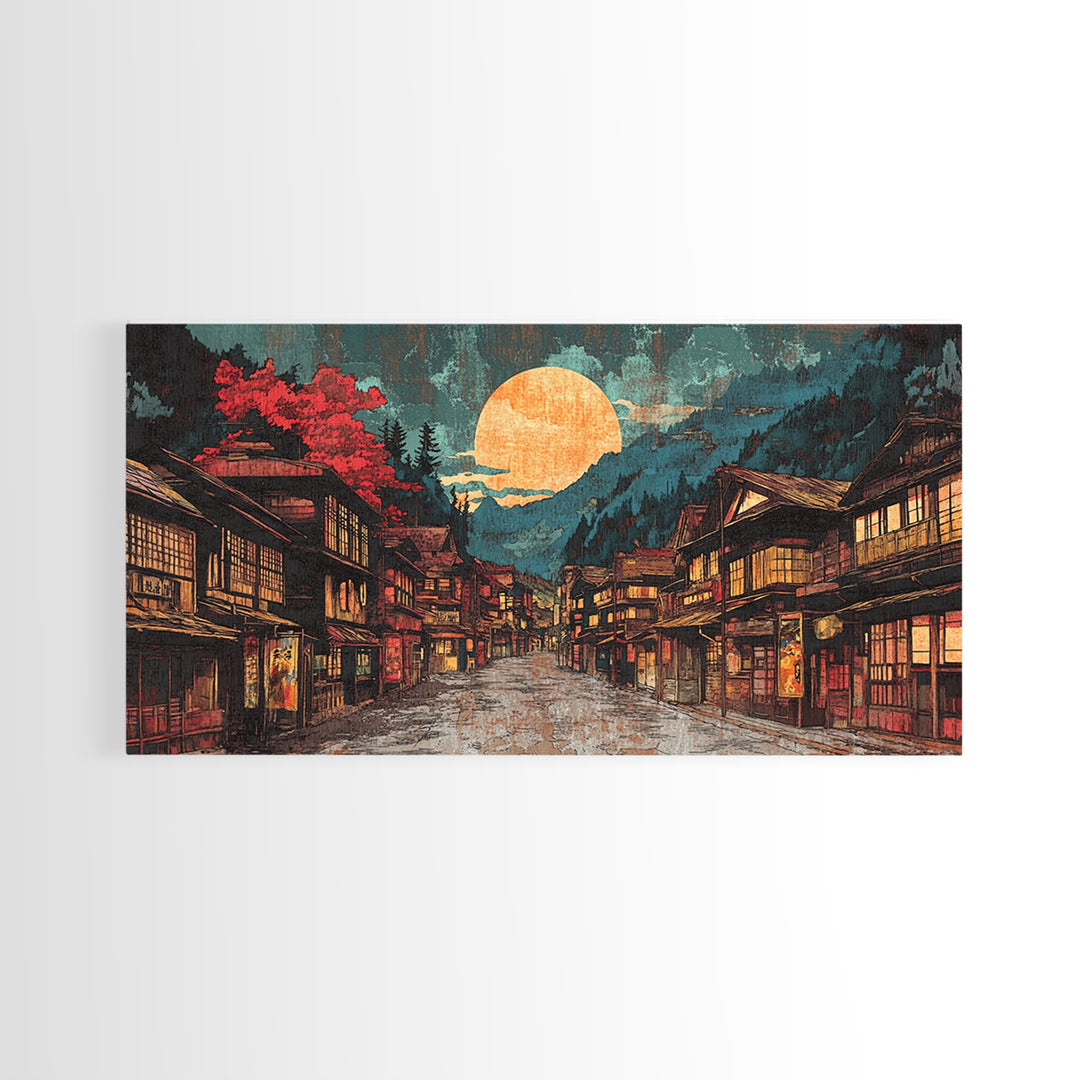 Moonlit Japanese Village Street With Red Maple Trees Framed Canvas Print, Japandi Wall Art, Moody Living Room Wall Decor