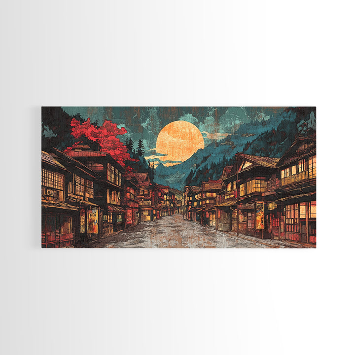 Moonlit Japanese Village Street With Red Maple Trees Framed Canvas Print, Japandi Wall Art, Moody Living Room Wall Decor